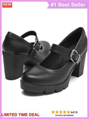Chunky Block Heel Mary Jane Pumps Round Toe Faux Leather Work Shoes